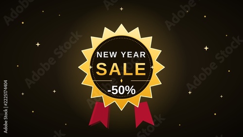 New Year Sale Badge -50 Percent Discount Gold Starburst on Dark Background