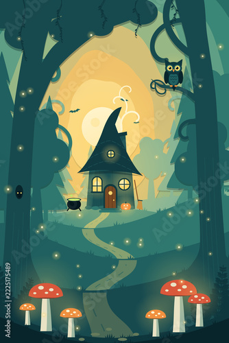 Halloween Enchanted Forest Witch Hut Paper Cut Illustration Portrait