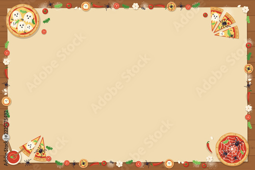 Halloween Pizzeria Wooden Table Top View with Blank Paper