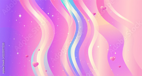 pastel holographic heart background with flowing iridescent ribbons and sparkling stars, Valentine's Day promotions, romantic website banners, wedding invitations, greeting cards, social media graphic