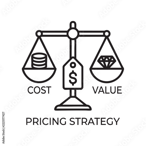 pricing strategy vector icon with black outline art, balancing cost and value concepts black outline art vector icon