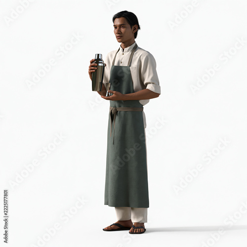 Realistic Full Body Male Bartender in Tropical Resort Setting