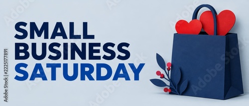Small Business Saturday with navy bag and red hearts on gray