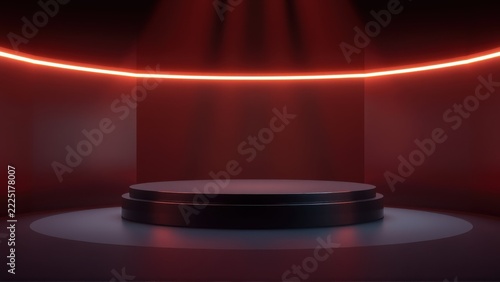Dark studio backdrop features cylindrical pedestal illuminated by vibrant red neon light. Dramatic shadows enhance presentation space.