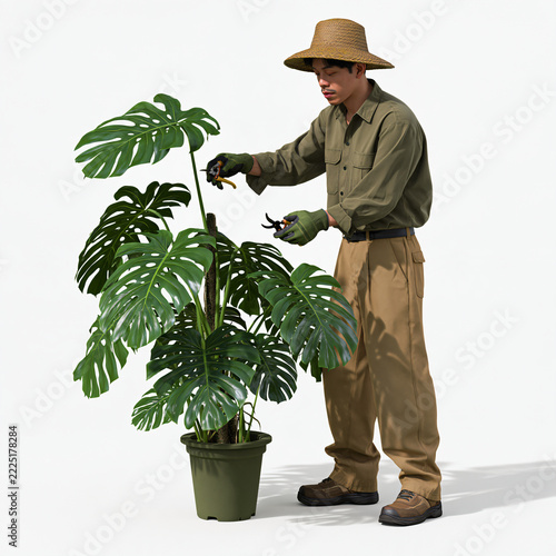 Realistic Full Body Southeast Asian Male Gardener in Resort Setting