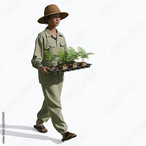 Southeast Asian Female Gardener Carrying Plants at a Resort