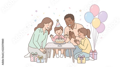 Happy family celebrating child's birthday with cake and balloons