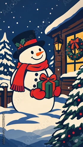 Cute snowman holding gift box outside winter house
