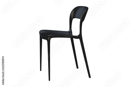 Modern black molded plastic chair with a curved open backrest, smooth seat and slender tapered legs, 3D render isolated on a transparent background.