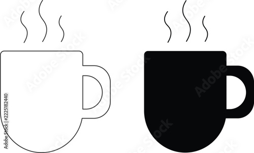Hot coffee cup outline and solid silhouette vector icons isolated on white