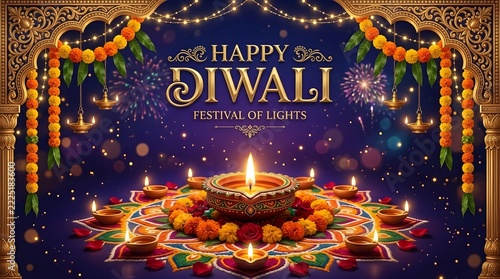 Happy Diwali Festival of Lights Greeting Card with Golden Typography, Glowing Diya, Colorful Rangoli and Marigold Decorations