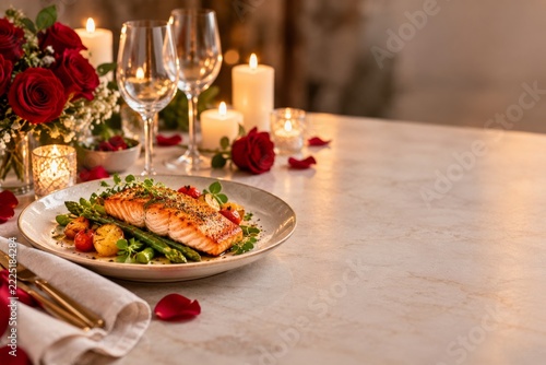 Romantic Valentine Dinner Arrangement with Elegant Food and Red Roses