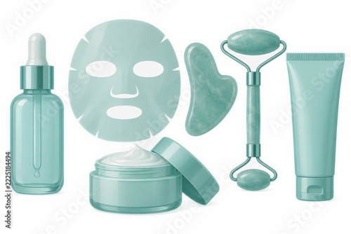 Pastel Turquoise Skincare Set with Serum Mask Tools and Cream on White