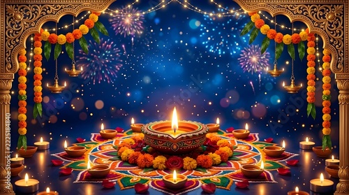 Grand Diwali Festival Celebration with Glowing Traditional Diyas, Colorful Rangoli, Marigold Garlands and Fireworks Background
