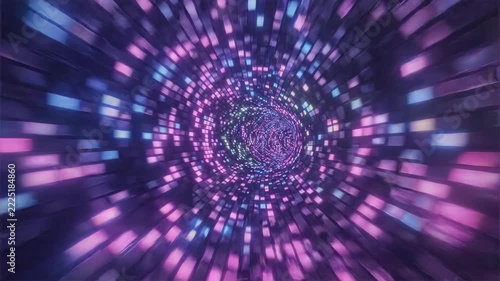 Abstract digital tunnel with glowing purple and blue squares, creating a futuristic motion effect.