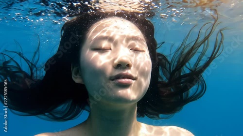 Serene young woman floating peacefully underwater with eyes closed, sunlight dappling.