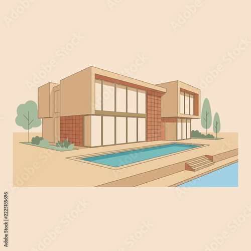 Modern Villa with Swimming Pool, Architectural Illustration