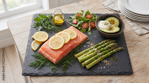 Fresh salmon fillet with lemon slices, asparagus, avocado, and salad on a black slate board ready for cooking a healthy meal