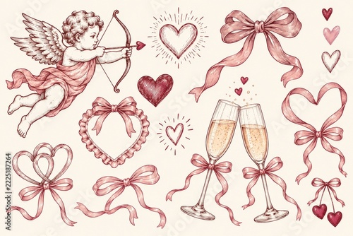Vintage Valentine doodles with cupid hearts bows and champagne glass motifs