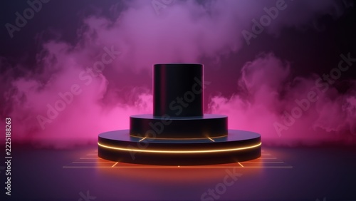 Dark cylindrical pedestal glows with neon light. Purple smoke surrounds base, creating dramatic presentation scene. Minimalist design.