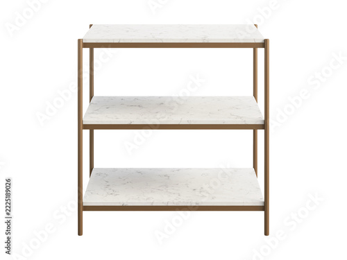 Modern three-tier nightstand with white marble shelves and a slim bronze metal frame, minimalist bedside furniture, 3D render isolated on a transparent background.