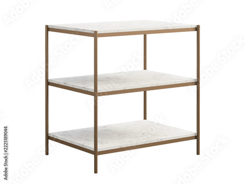 Modern three-tier nightstand with white marble shelves and a slim bronze metal frame, minimalist bedside furniture, 3D render isolated on a transparent background.