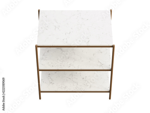 Modern three-tier nightstand with white marble shelves and a slim bronze metal frame, minimalist bedside furniture, 3D render isolated on a transparent background.