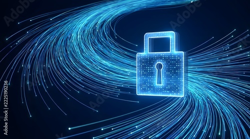 Glowing Padlock with Swirling Digital Data Streams Cybersecurity Concept