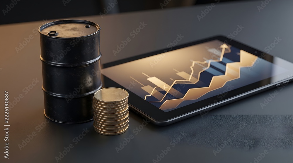 © Zahid - Oil Barrel Stacked Coins and Digital Tablet Displaying Financial Stock Chart © Zahid - Oil Barrel Stacked Coins and Digital Tablet Displaying Financial Stock Chart