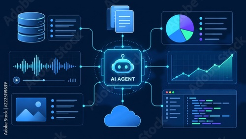 AI Agent Connected to Data Nodes Charts Waveform and Code Panels on Navy