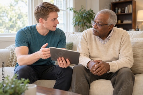 Male caregiver discussing a tablet with an older man on a cream sofa