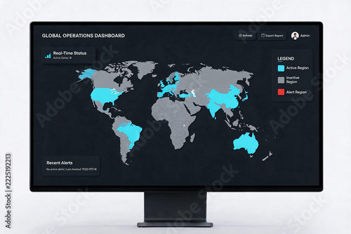 Global Operations Dashboard Showing Real-Time Active and Inactive Regions on World Map