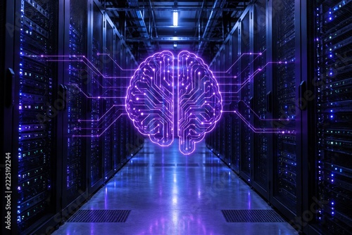 Purple Circuit Brain Overlay in a Deep Blue Server Cabinet Aisle