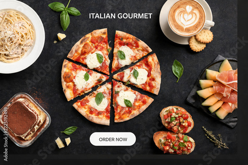 Italian Gourmet Meal with Margherita Pizza, Pasta, Bruschetta, Melon with Prosciutto, Tiramisu, and Coffee