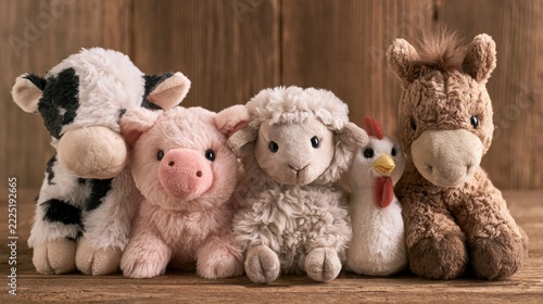 Five plush toys—a cow, pig, sheep, chicken, and horse—are showcased on a wooden surface, ideal for a farm nursery theme.