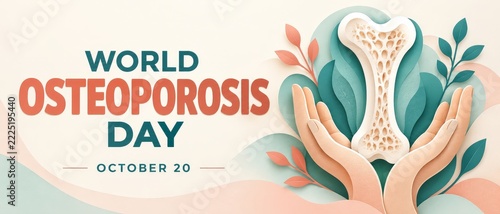 World Osteoporosis Day Paper Cut Banner with Hands Protecting Bone and Botanical Leaves