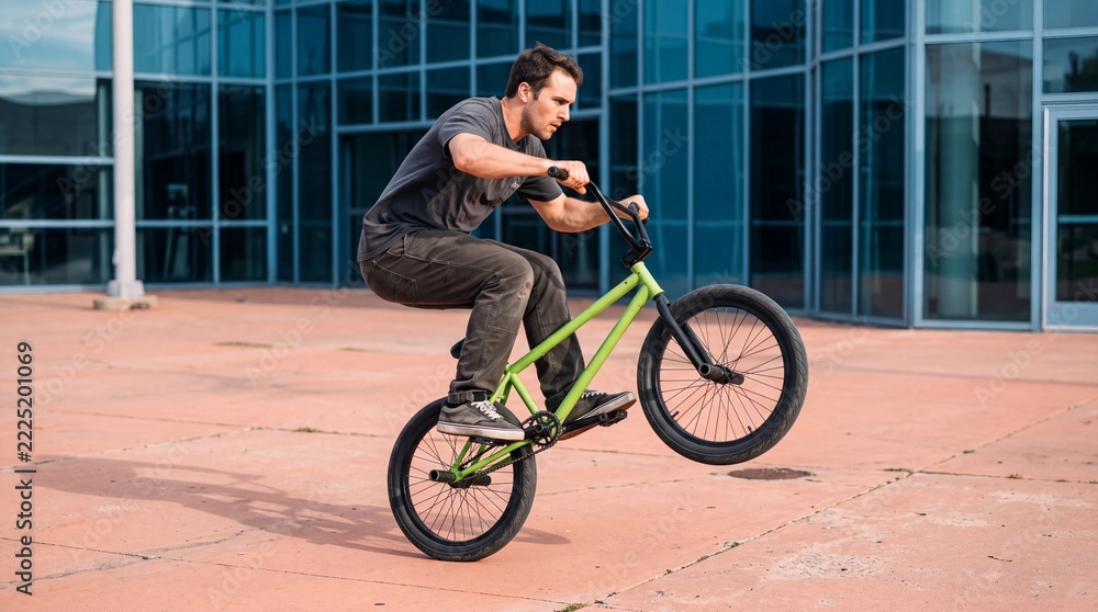 Naklejka premium young man riding a green bmx bike and performing a manual trick on pavement