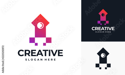Pixel rocket simple technology logo designs template, Creative clean future tech idea designs concept