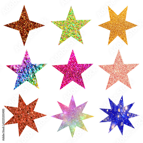 Glitter Star Stickers Transparent PNG Set, Colorful Sparkle Stars in Different Shapes