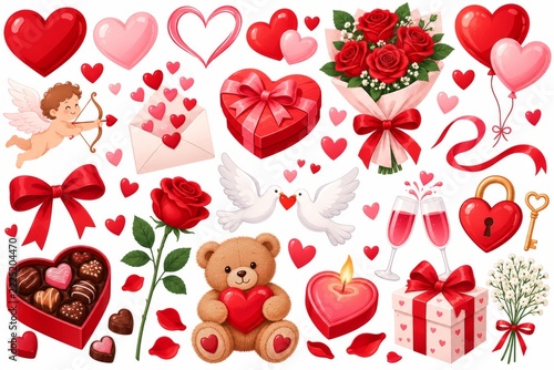 Cute colorful romantic celebration icons arranged as a coordinated element set