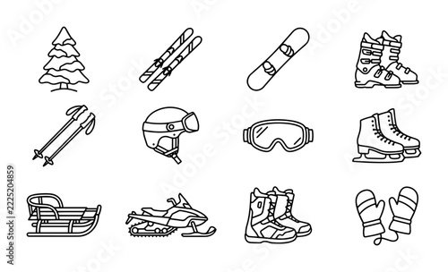 Winter sports line icon set with skis, snowboard, helmet, goggles, boots, skates, sled, snowmobile and mittens for outdoor activity