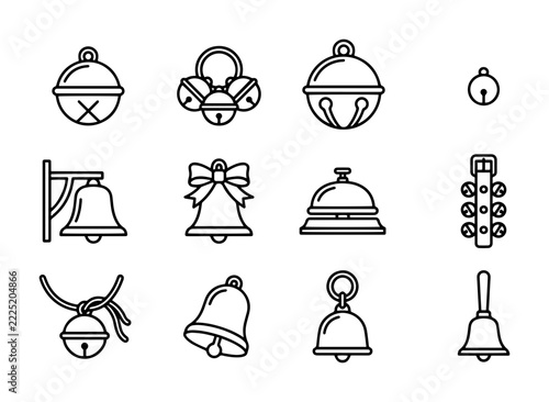 Bell line icons set with jingle bells, service bell, and sleigh bells for holiday and notification design