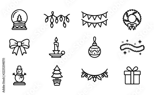 Christmas line icon set with snow globe, lights, bunting, wreath, bow, candle, bauble, garland, snowman, tree and gift for holiday celebration