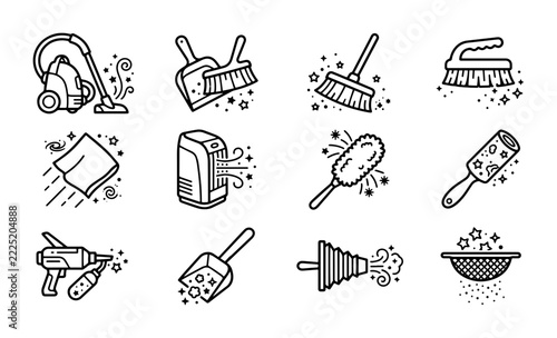 Cleaning line icons set with vacuum, broom, dustpan, air purifier, duster, lint roller, scoop, plunger and sieve for app and web