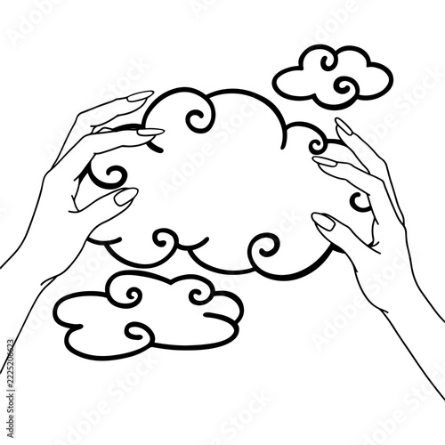 Surreal hands holding cloud conceptual line art
