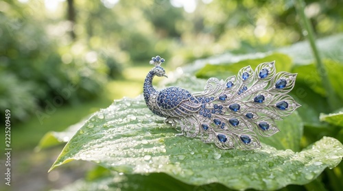 Elegant Silver Peacock Brooch with Blue Gemstones on Leaf