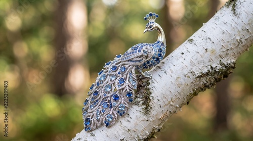 Elegant Peacock Brooch with Blue Gemstones on Tree Branch
