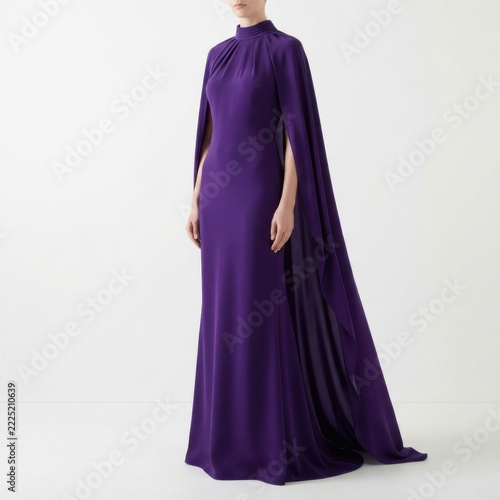Elegant woman wearing a long dark blue evening gown with a cape sleeve design for a formal event or red carpet appearance isolated on white background