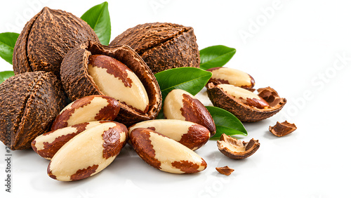 Brazil nuts with shell and shelled kernels on white marble surface