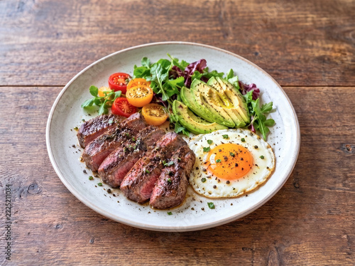 ステーキとアボカドのパワープレート・半熟目玉焼きと彩り野菜添え